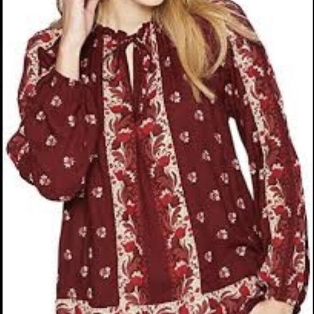Lucky Brand Women's Maroon Floral Bishop Sleeve Peasant Boho Blouse Size‎ M